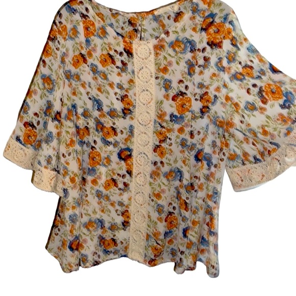 EVERLEIGH Boho top w/lace on a fall floral pattern w/swing sleeves L - Picture 6 of 8